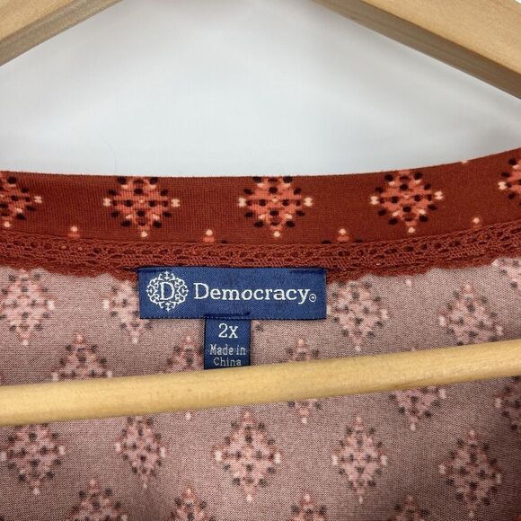 Democracy Top Size 2X Womens Red Floral Print Bohemian Ruffle Long Sleeve Shirt - Picture 3 of 7